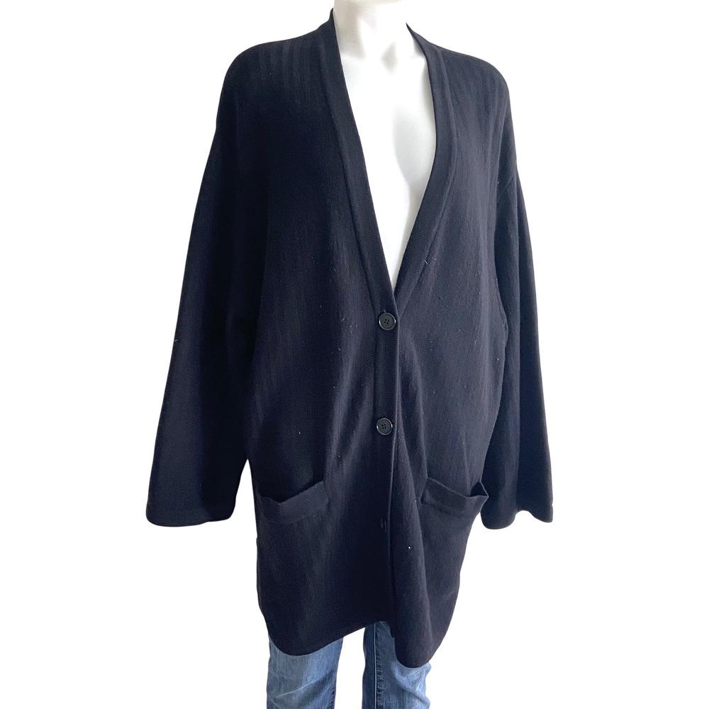 Vintage Donna Karan NY Navy 100% Wool Herringbone Longline Cardigan Sweater XL